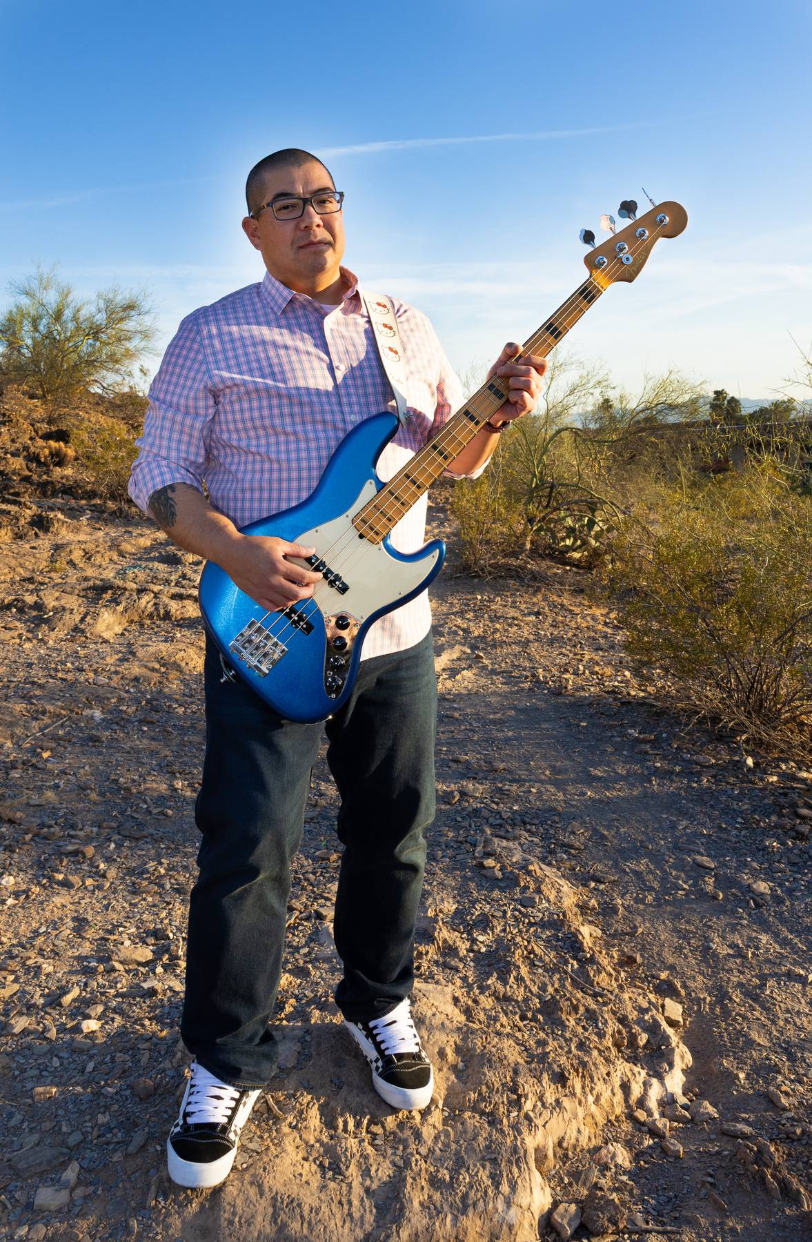 Dave Foegal with bass in the desert
